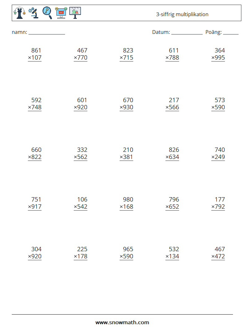 (25) 3-siffrig multiplikation Matematiska arbetsblad 5