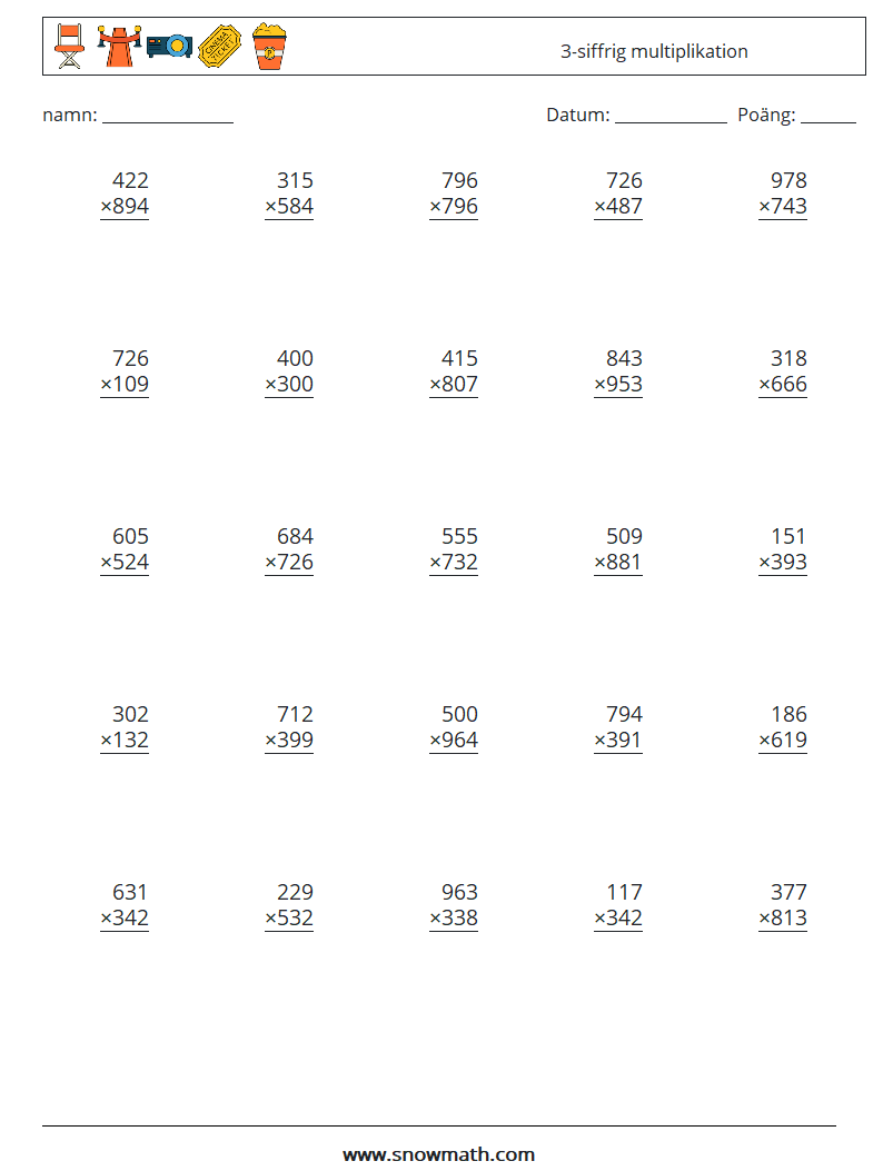 (25) 3-siffrig multiplikation Matematiska arbetsblad 6