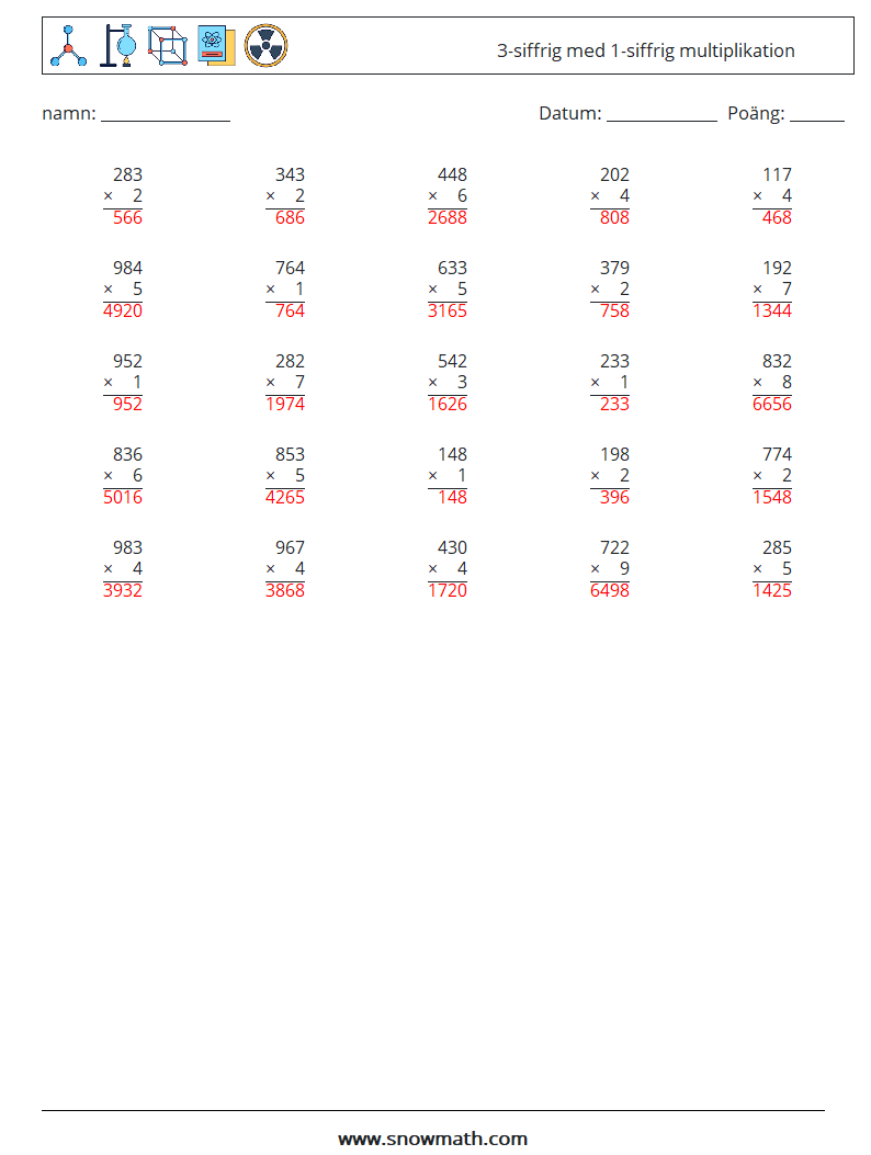 (25) 3-siffrig med 1-siffrig multiplikation Matematiska arbetsblad 13 Fråga, svar