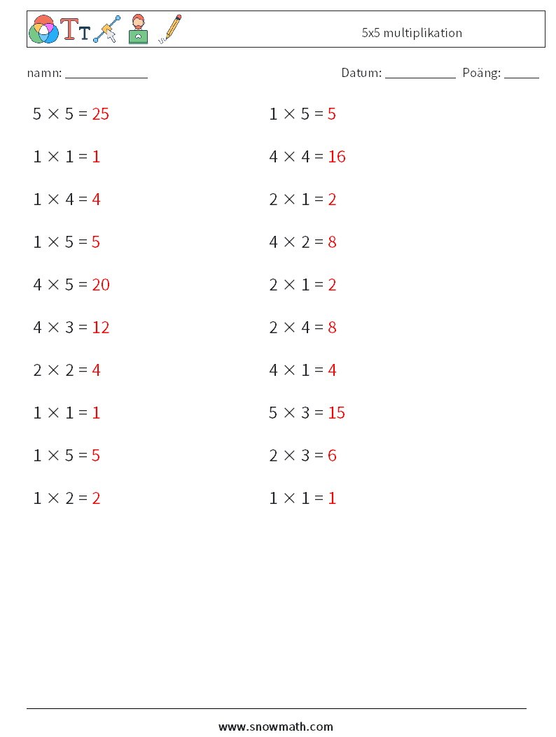 (20) 5x5 multiplikation Matematiska arbetsblad 1 Fråga, svar
