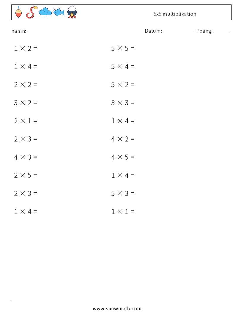 (20) 5x5 multiplikation Matematiska arbetsblad 2