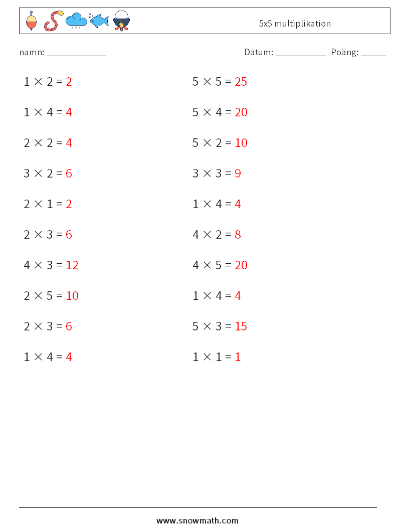 (20) 5x5 multiplikation Matematiska arbetsblad 2 Fråga, svar