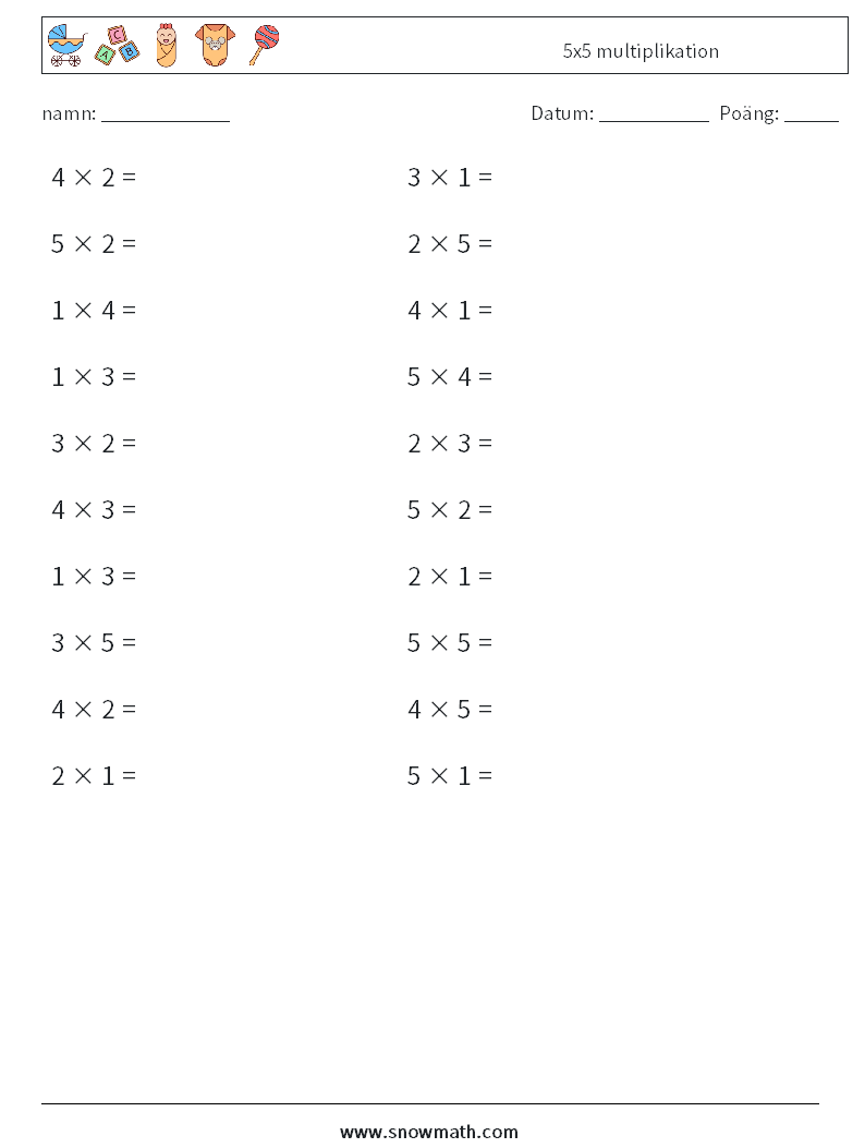 (20) 5x5 multiplikation Matematiska arbetsblad 3