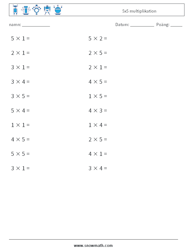 (20) 5x5 multiplikation Matematiska arbetsblad 4