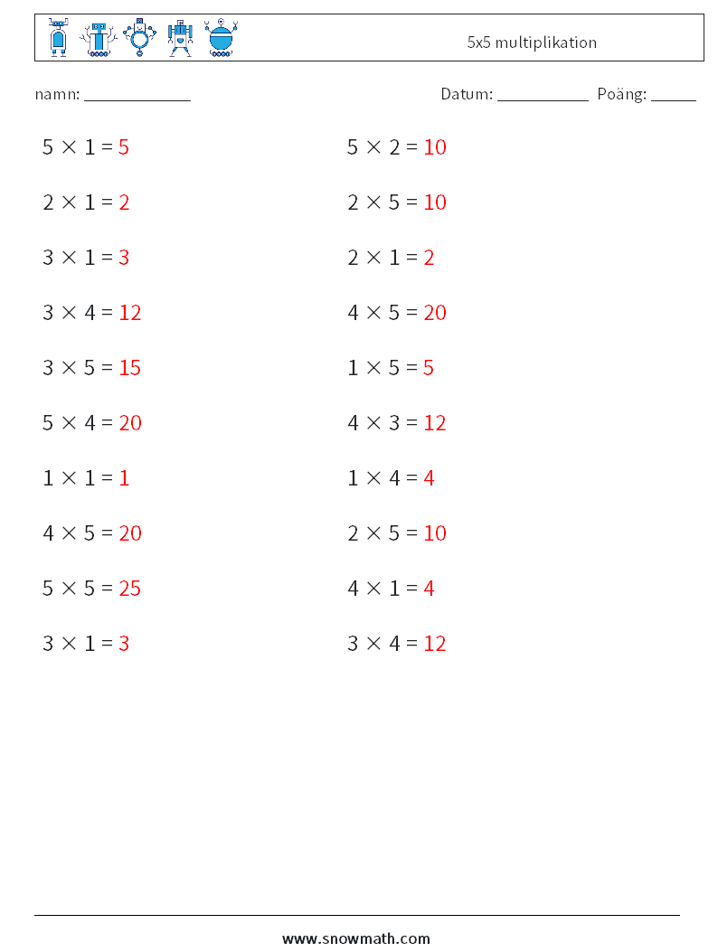 (20) 5x5 multiplikation Matematiska arbetsblad 4 Fråga, svar