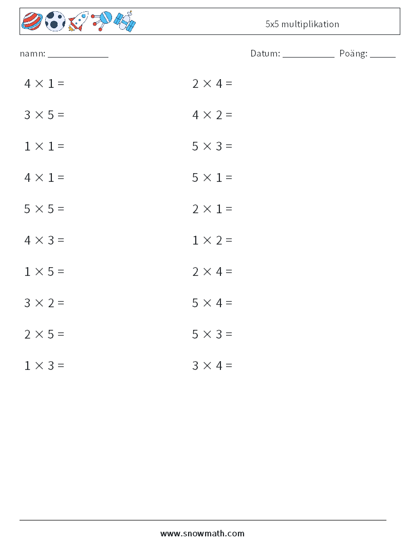 (20) 5x5 multiplikation Matematiska arbetsblad 5