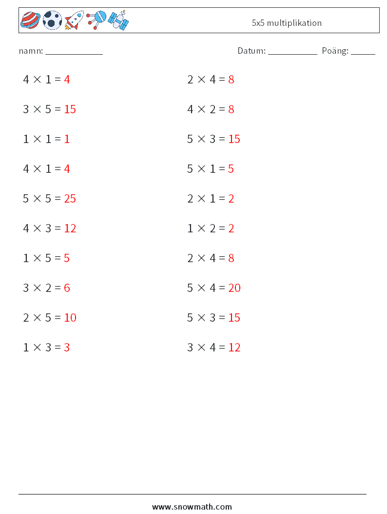 (20) 5x5 multiplikation Matematiska arbetsblad 5 Fråga, svar