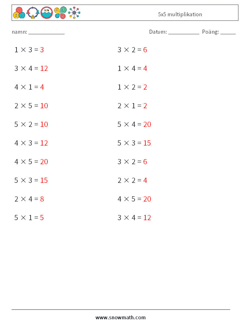 (20) 5x5 multiplikation Matematiska arbetsblad 6 Fråga, svar