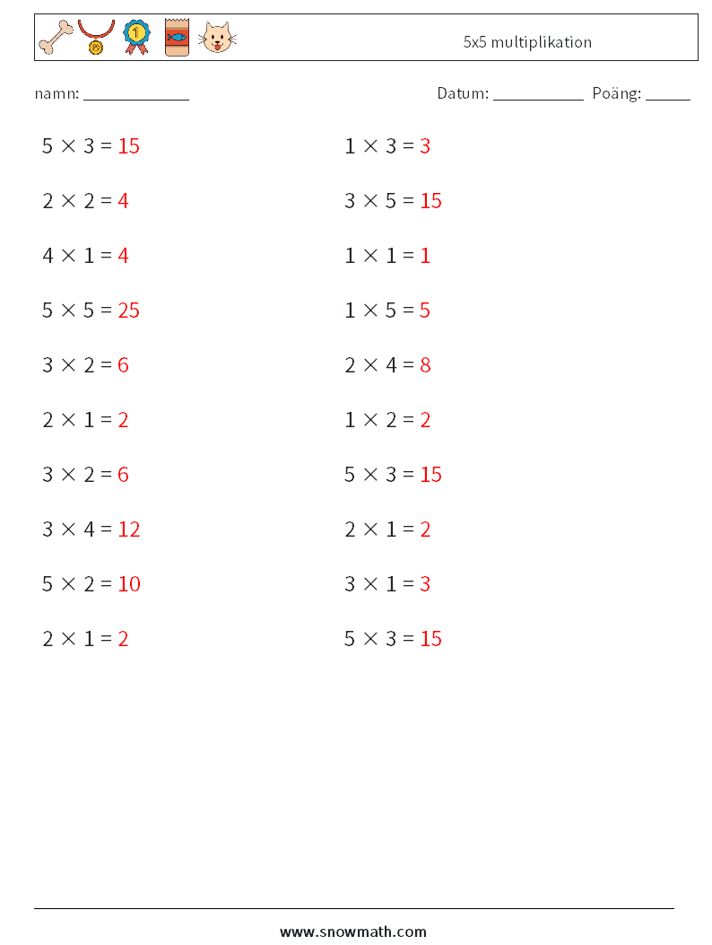 (20) 5x5 multiplikation Matematiska arbetsblad 7 Fråga, svar