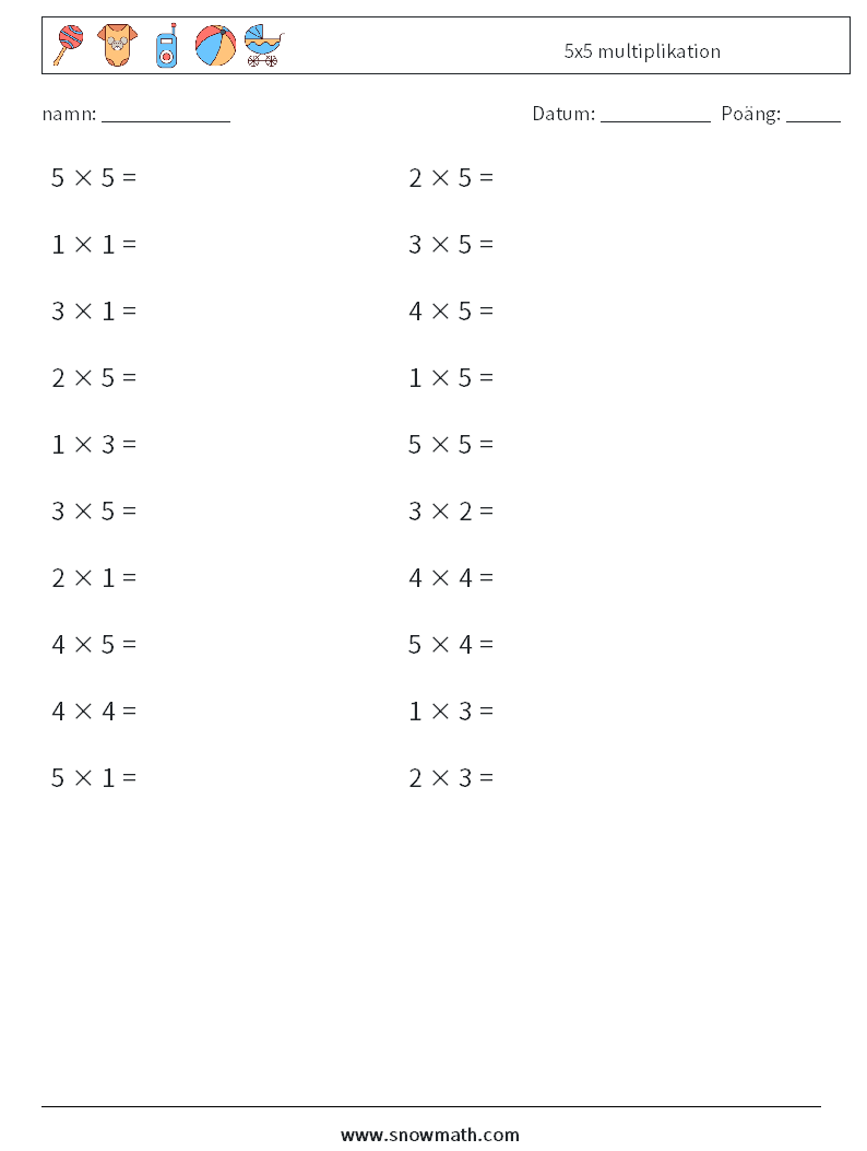 (20) 5x5 multiplikation Matematiska arbetsblad 8