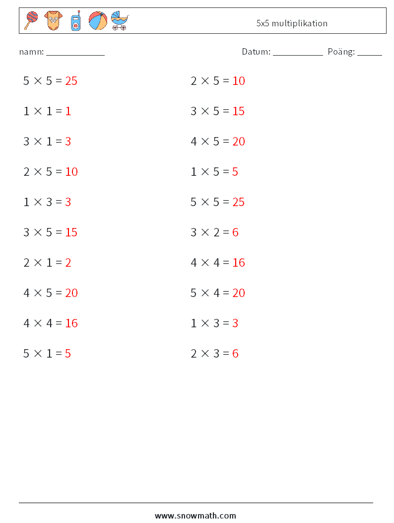 (20) 5x5 multiplikation Matematiska arbetsblad 8 Fråga, svar