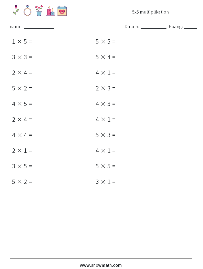 (20) 5x5 multiplikation Matematiska arbetsblad 9