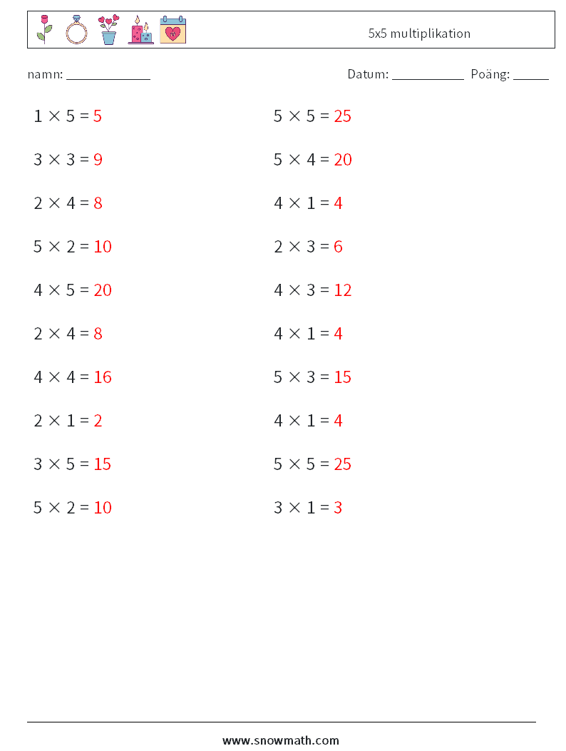 (20) 5x5 multiplikation Matematiska arbetsblad 9 Fråga, svar