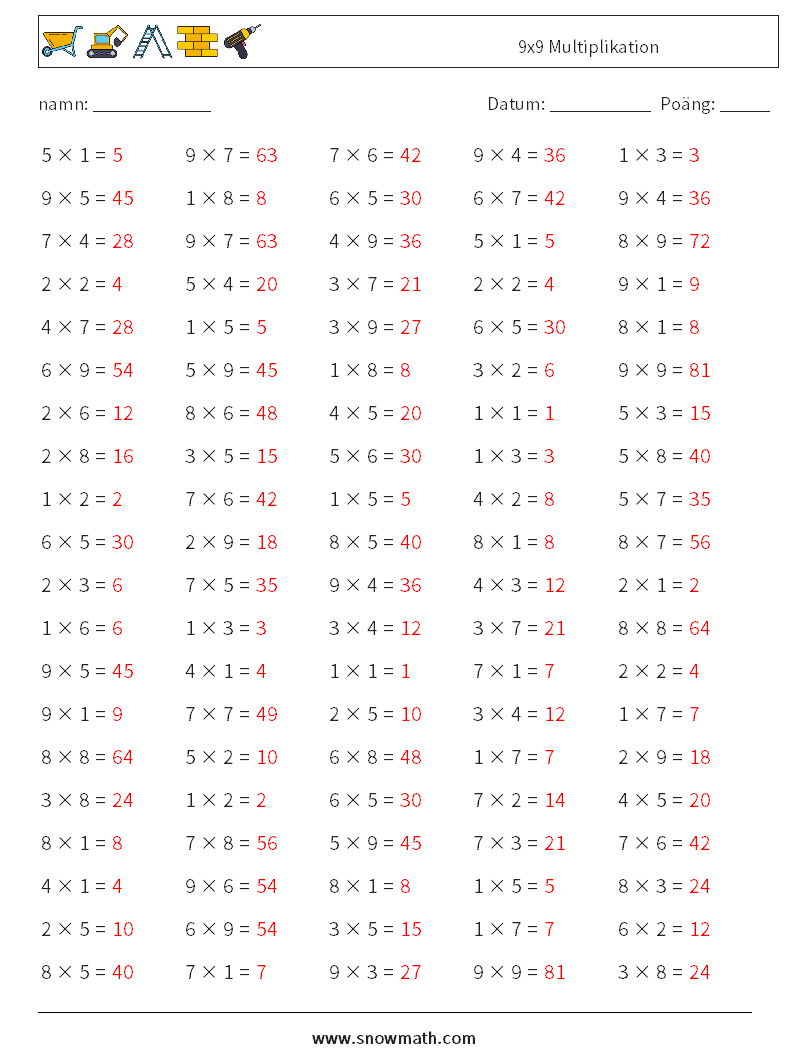 (100) 9x9 Multiplikation Matematiska arbetsblad 5 Fråga, svar