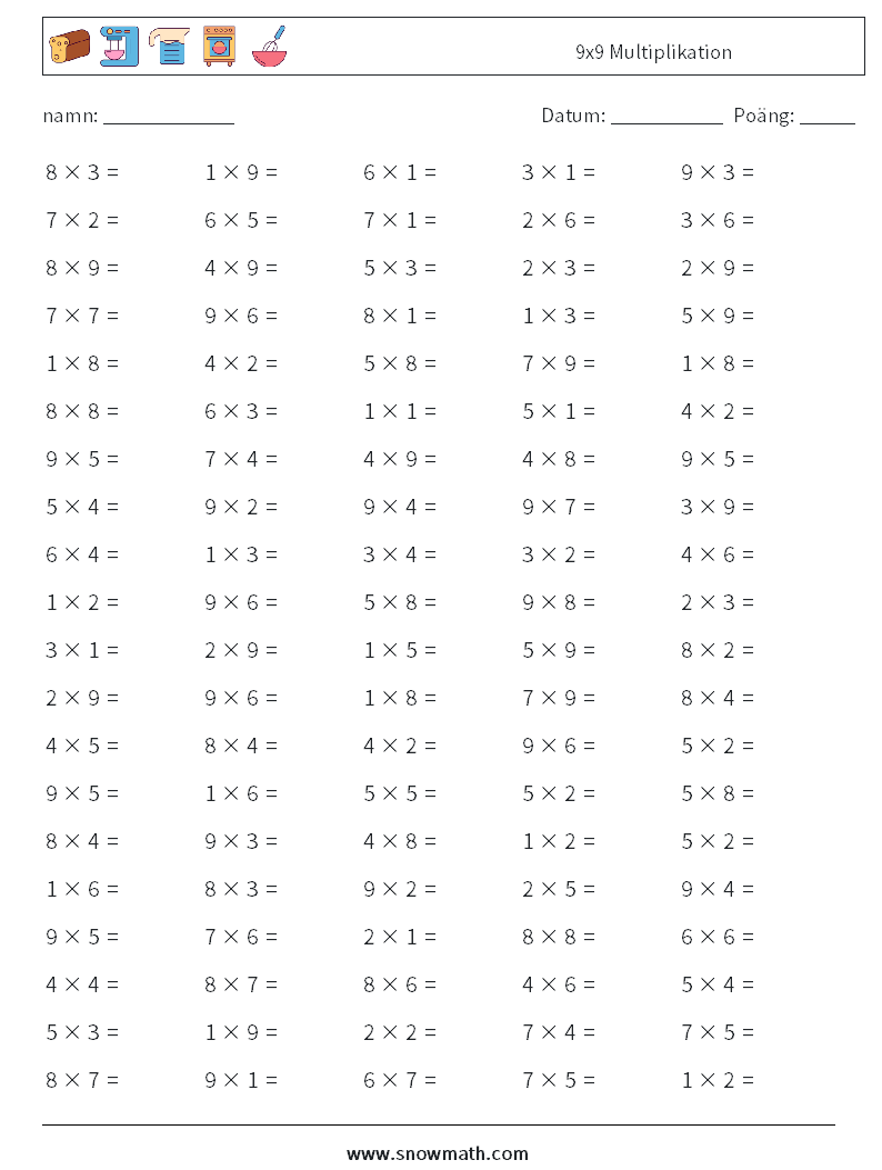 (100) 9x9 Multiplikation Matematiska arbetsblad 8