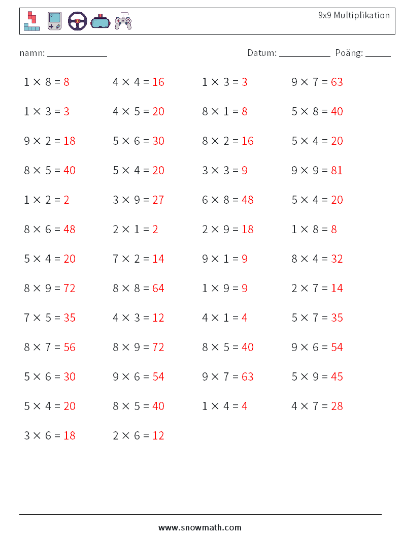 (50) 9x9 Multiplikation Matematiska arbetsblad 1 Fråga, svar