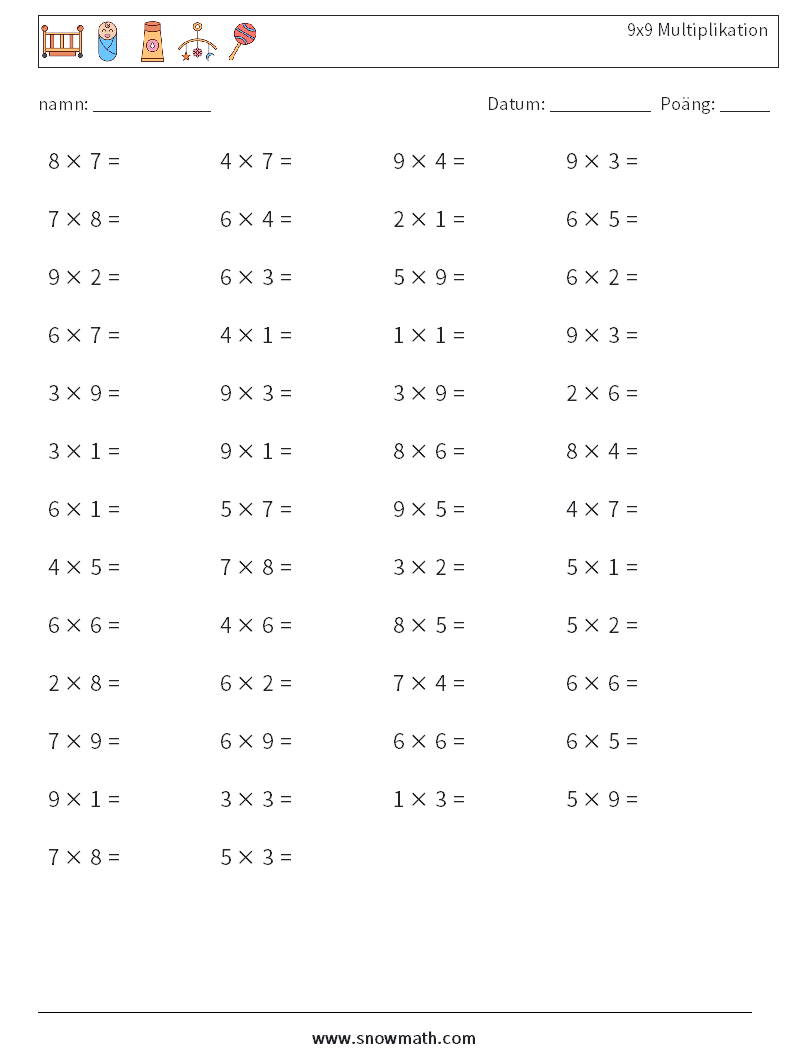 (50) 9x9 Multiplikation Matematiska arbetsblad 2