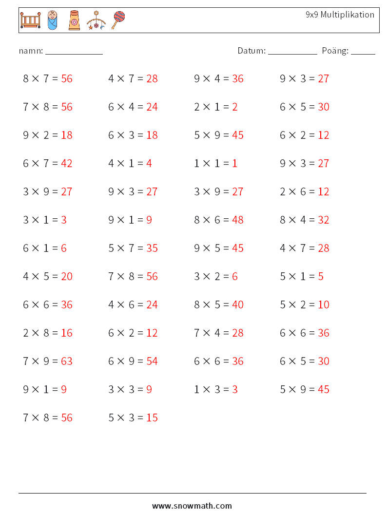 (50) 9x9 Multiplikation Matematiska arbetsblad 2 Fråga, svar