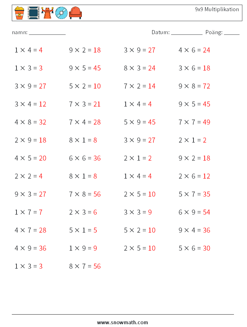 (50) 9x9 Multiplikation Matematiska arbetsblad 3 Fråga, svar