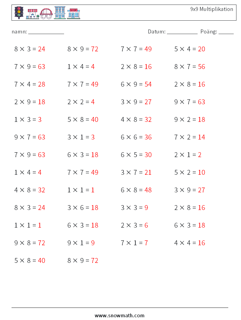 (50) 9x9 Multiplikation Matematiska arbetsblad 4 Fråga, svar