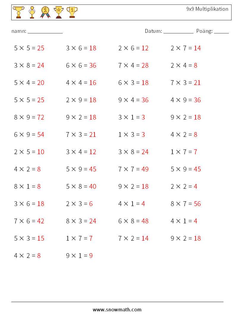 (50) 9x9 Multiplikation Matematiska arbetsblad 6 Fråga, svar