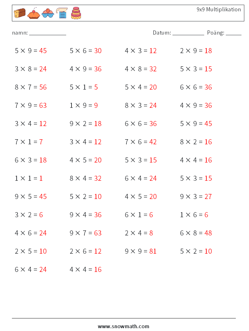 (50) 9x9 Multiplikation Matematiska arbetsblad 8 Fråga, svar
