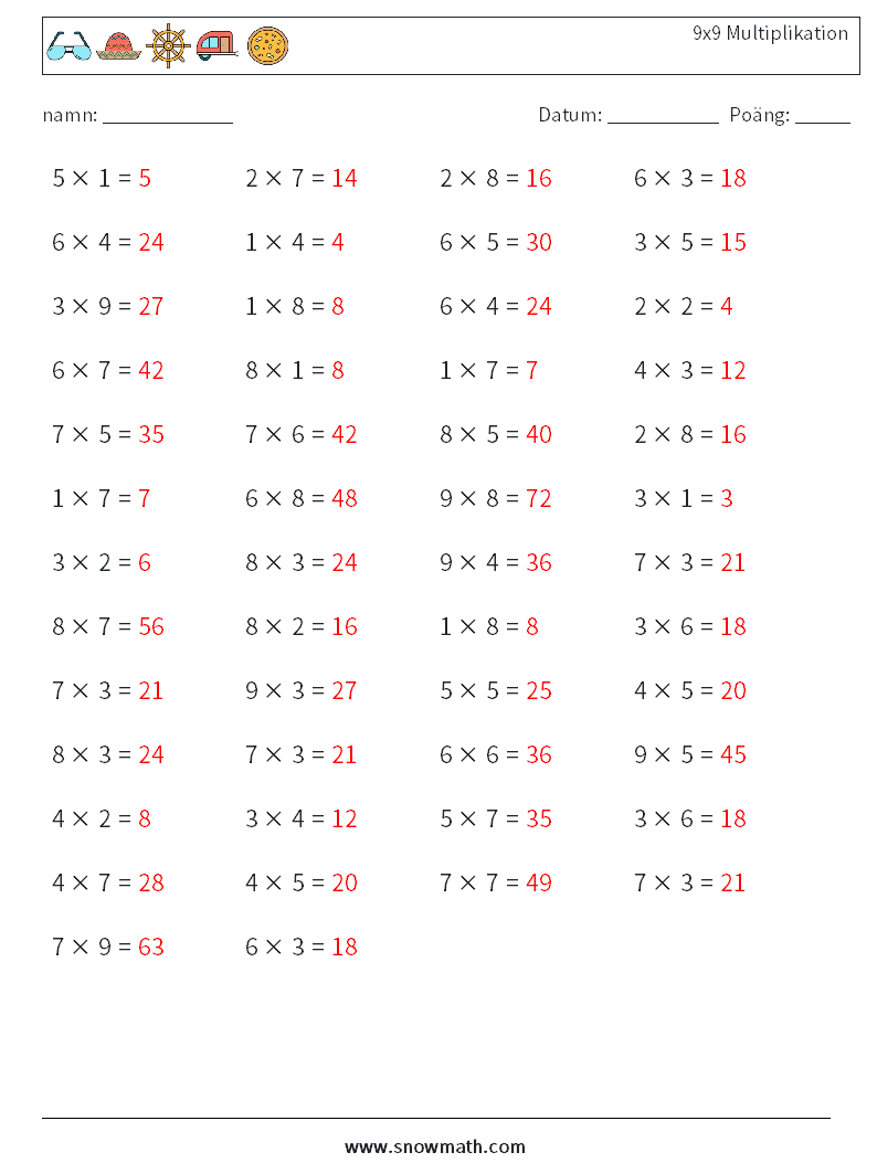 (50) 9x9 Multiplikation Matematiska arbetsblad 9 Fråga, svar