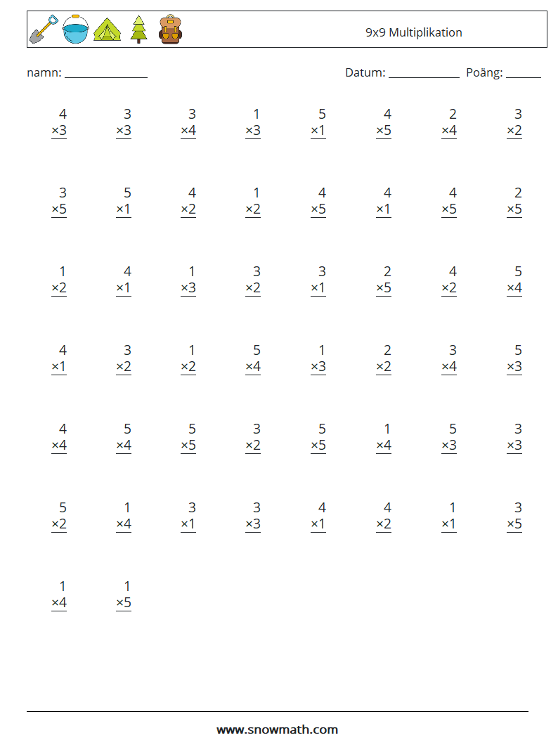 (50) 9x9 Multiplikation Matematiska arbetsblad 1