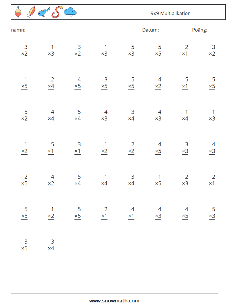 (50) 9x9 Multiplikation Matematiska arbetsblad 4