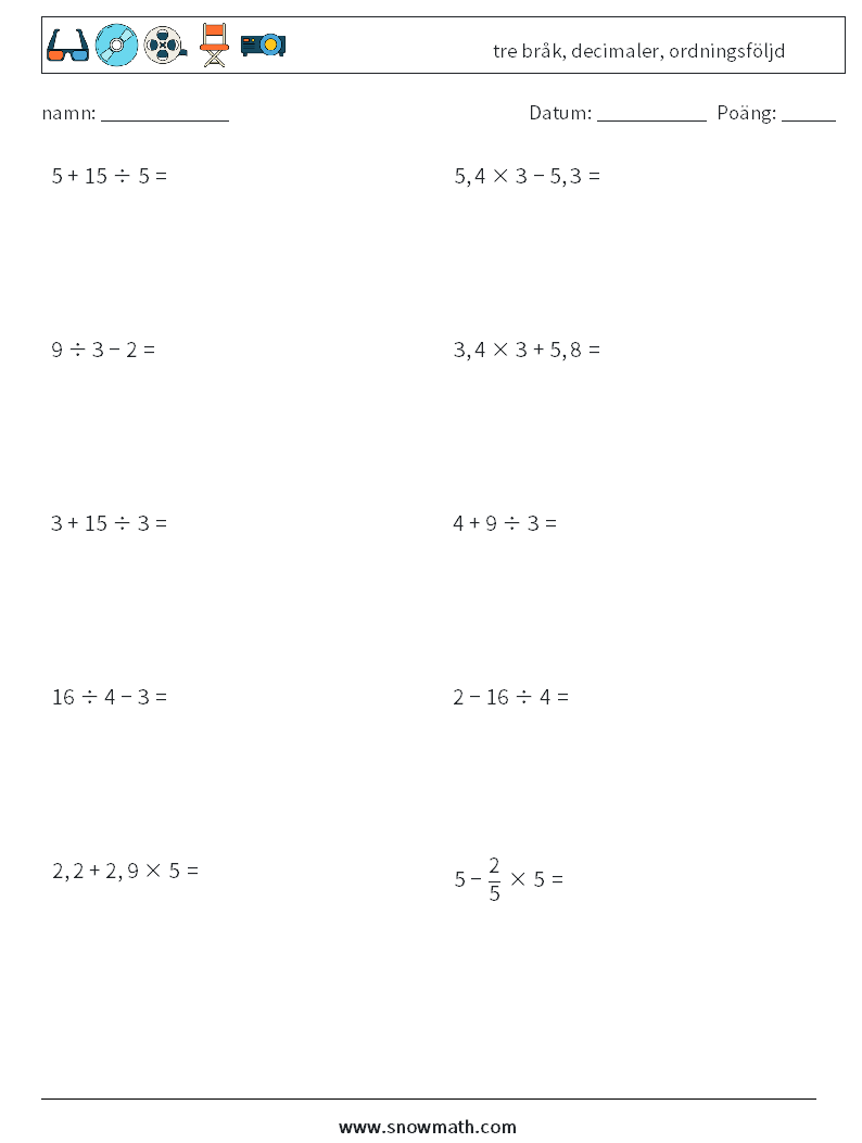 (10) tre bråk, decimaler, ordningsföljd Matematiska arbetsblad 17