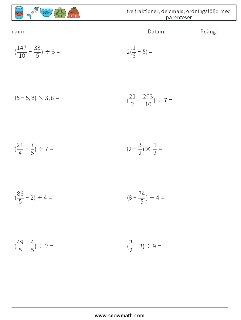 (10) tre fraktioner, deicmals, ordningsföljd med parenteser Matematiska arbetsblad 10