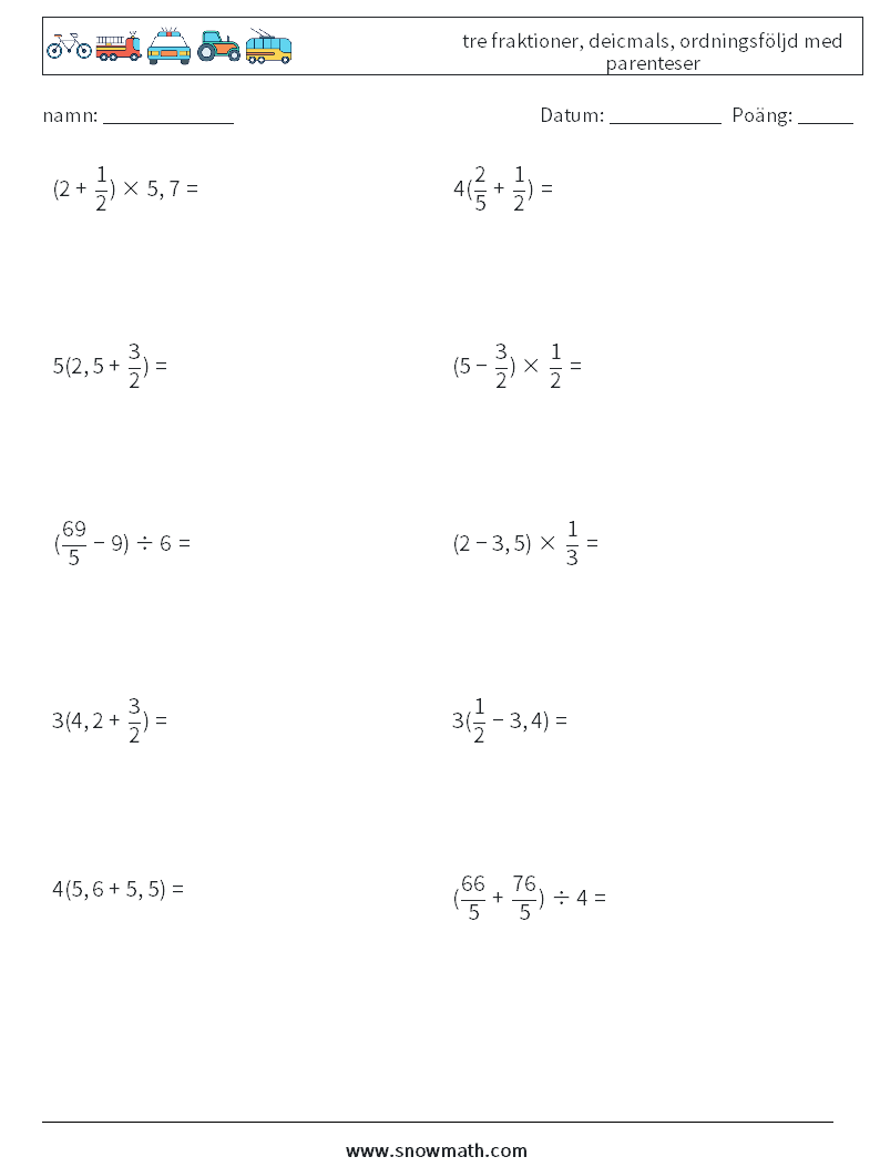(10) tre fraktioner, deicmals, ordningsföljd med parenteser Matematiska arbetsblad 18