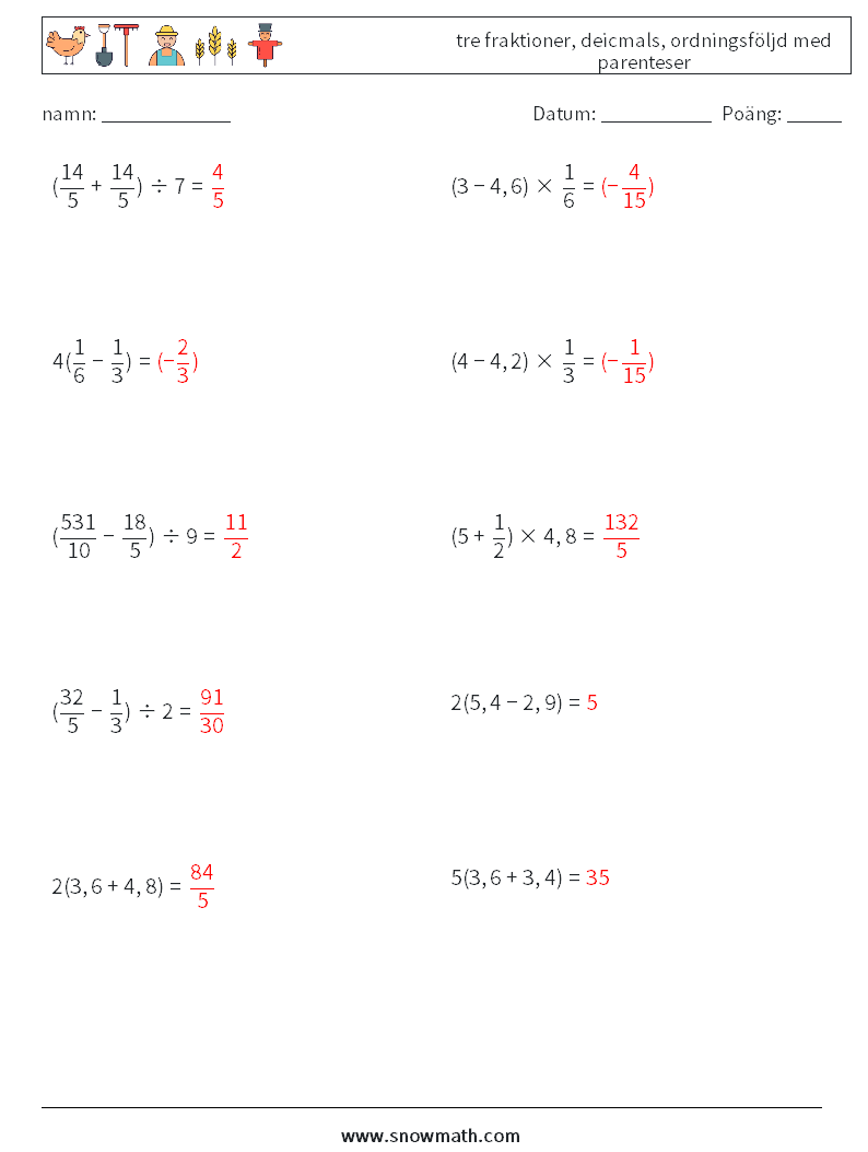 (10) tre fraktioner, deicmals, ordningsföljd med parenteser Matematiska arbetsblad 1 Fråga, svar