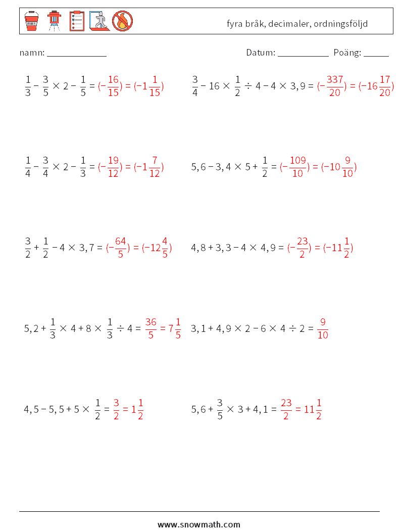 (10) fyra bråk, decimaler, ordningsföljd Matematiska arbetsblad 11 Fråga, svar