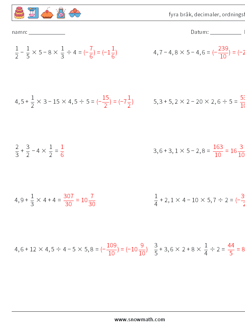 (10) fyra bråk, decimaler, ordningsföljd Matematiska arbetsblad 12 Fråga, svar