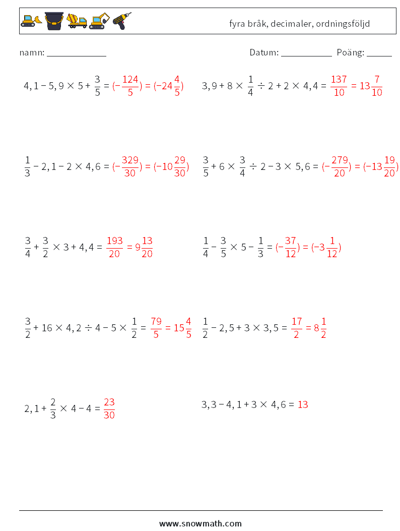 (10) fyra bråk, decimaler, ordningsföljd Matematiska arbetsblad 13 Fråga, svar