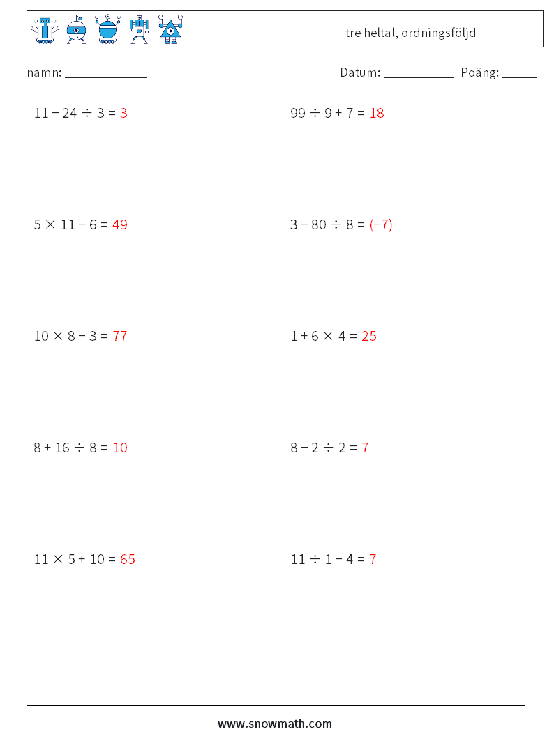 (10) tre heltal, ordningsföljd Matematiska arbetsblad 10 Fråga, svar