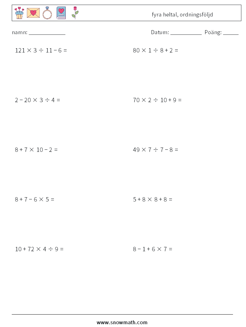 (10) fyra heltal, ordningsföljd Matematiska arbetsblad 10