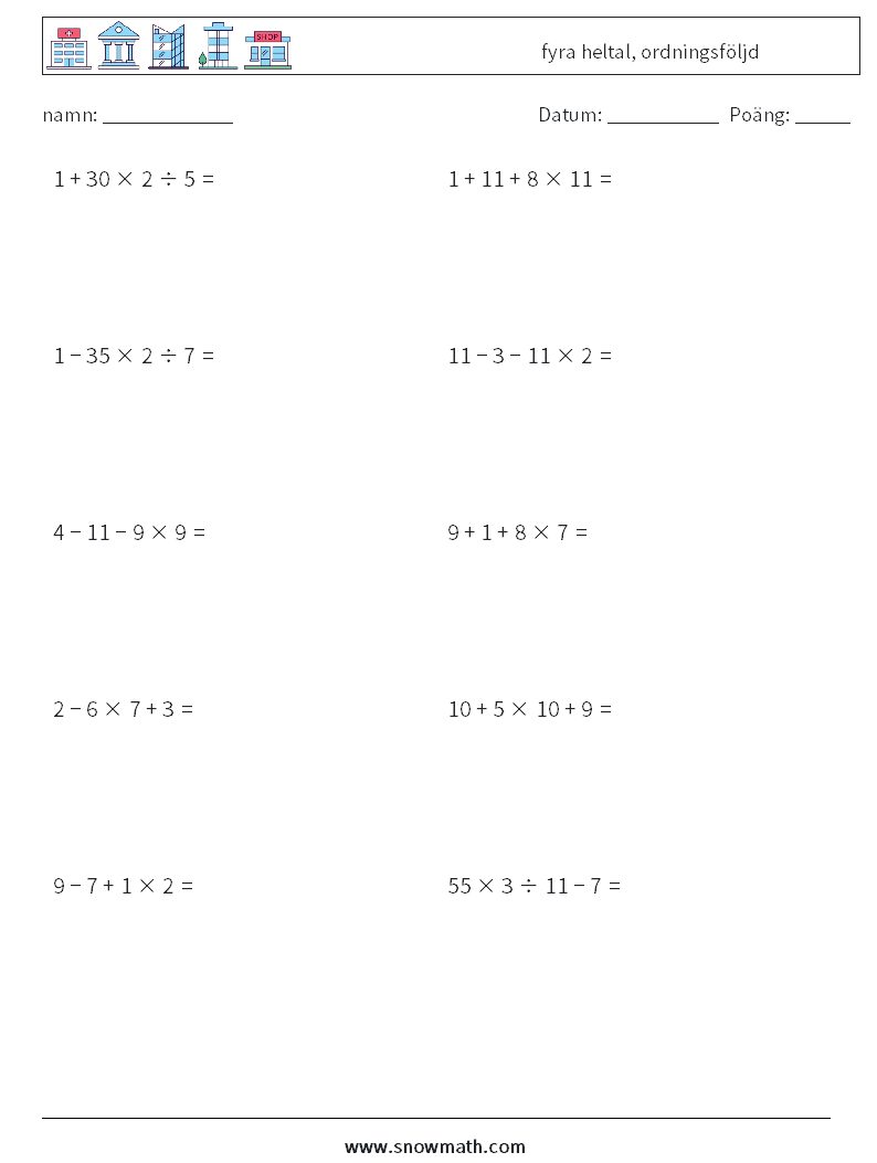 (10) fyra heltal, ordningsföljd Matematiska arbetsblad 11