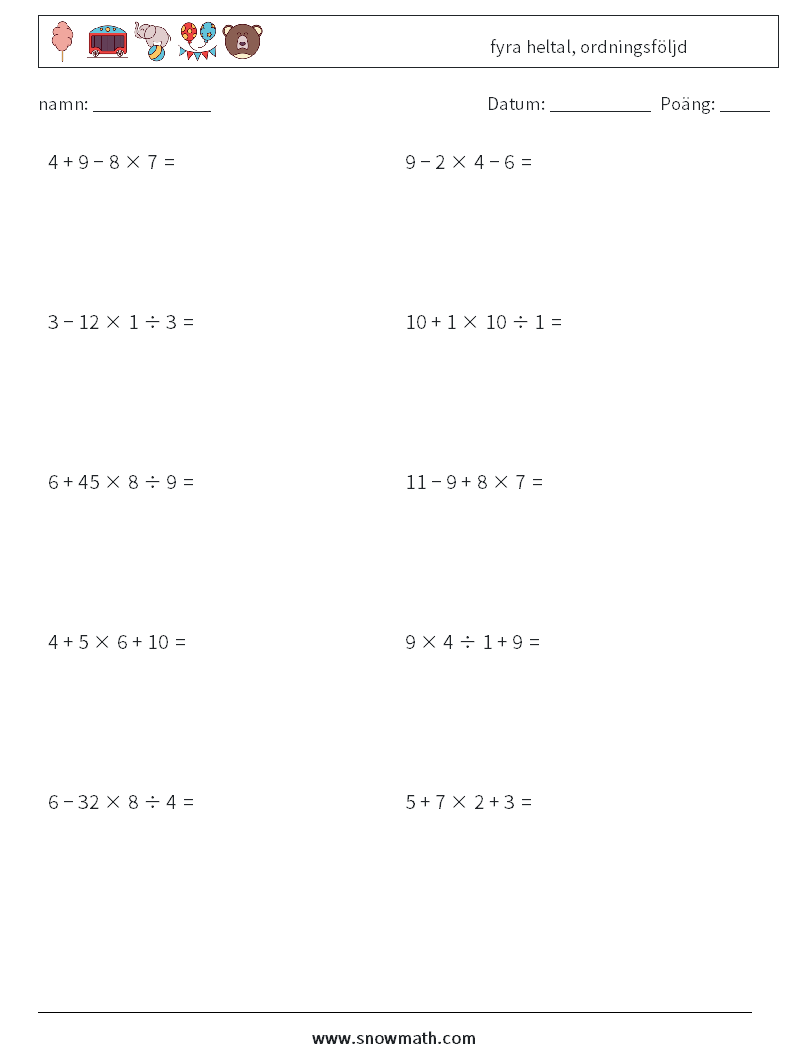(10) fyra heltal, ordningsföljd Matematiska arbetsblad 12