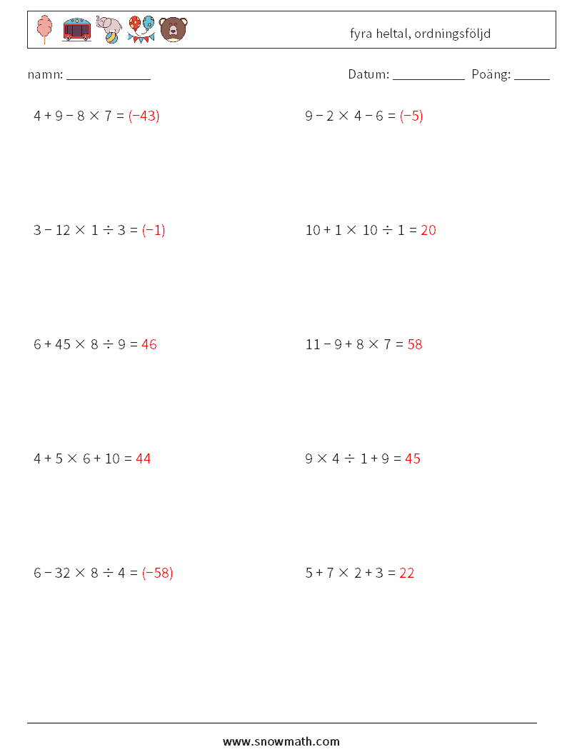 (10) fyra heltal, ordningsföljd Matematiska arbetsblad 12 Fråga, svar
