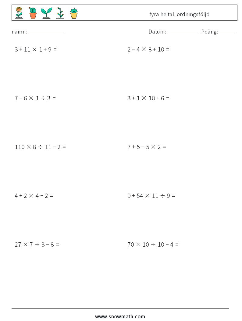 (10) fyra heltal, ordningsföljd Matematiska arbetsblad 13