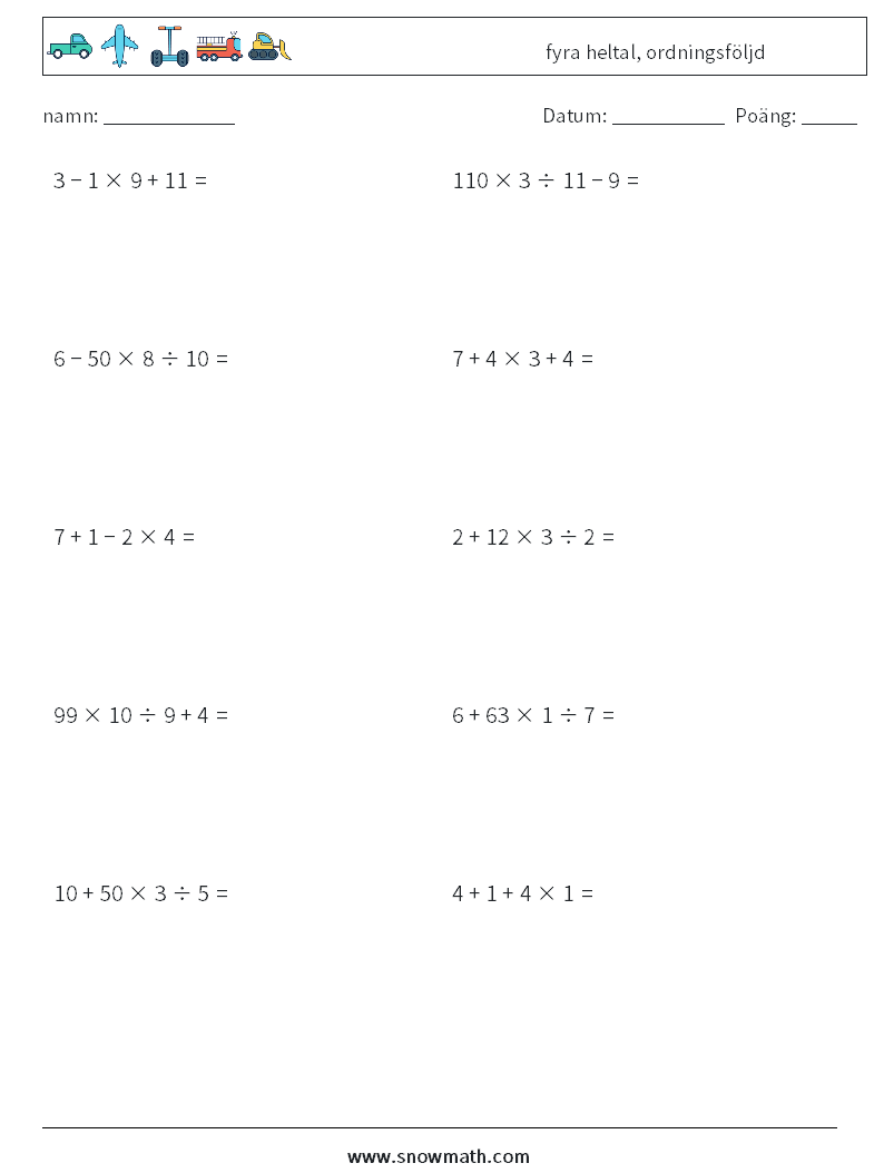(10) fyra heltal, ordningsföljd Matematiska arbetsblad 16