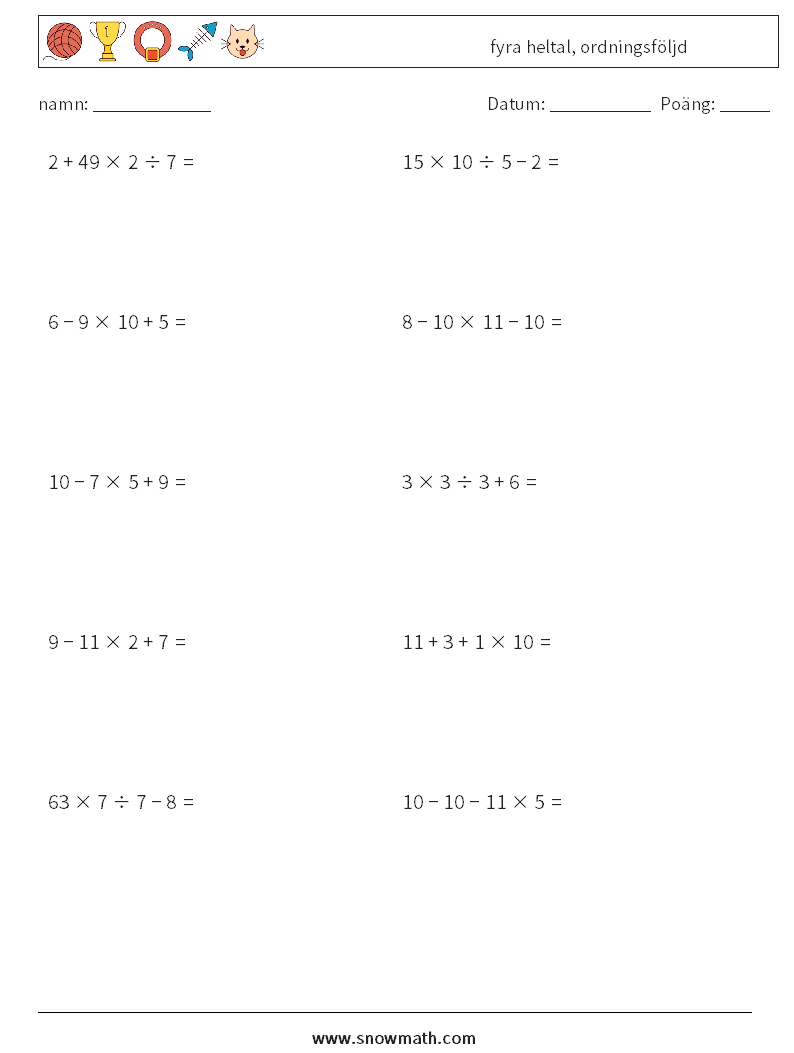 (10) fyra heltal, ordningsföljd Matematiska arbetsblad 18