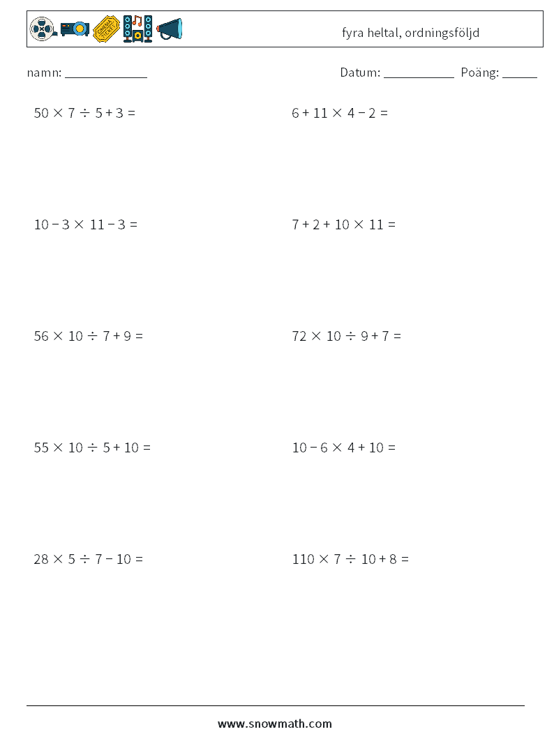 (10) fyra heltal, ordningsföljd Matematiska arbetsblad 2