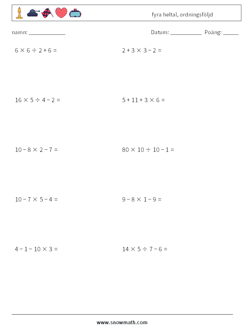 (10) fyra heltal, ordningsföljd Matematiska arbetsblad 6