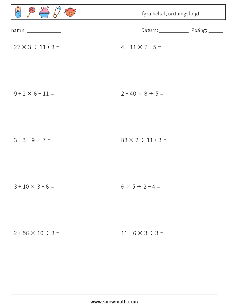(10) fyra heltal, ordningsföljd Matematiska arbetsblad 7