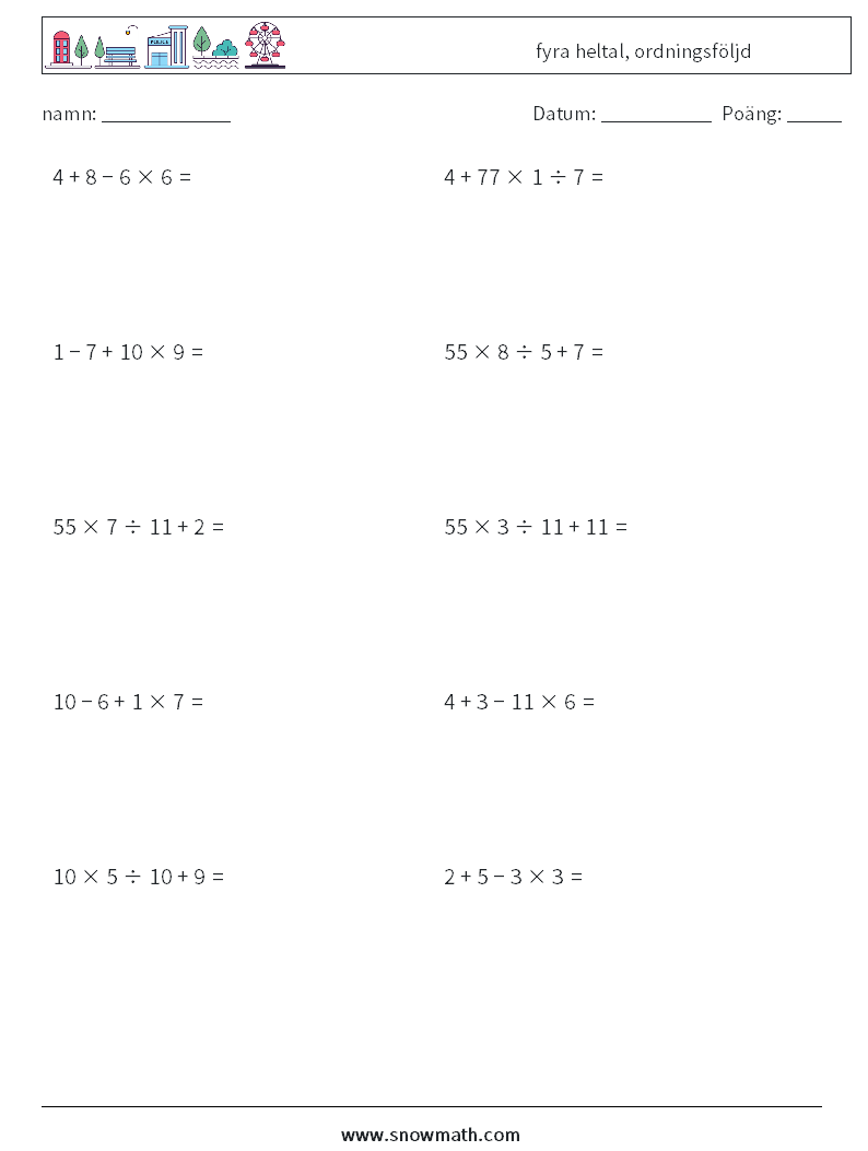 (10) fyra heltal, ordningsföljd Matematiska arbetsblad 8