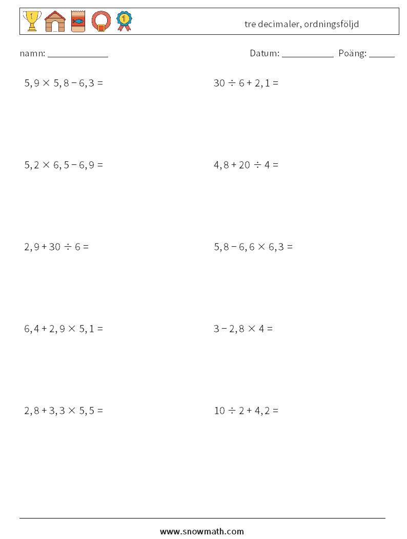 (10) tre decimaler, ordningsföljd Matematiska arbetsblad 1