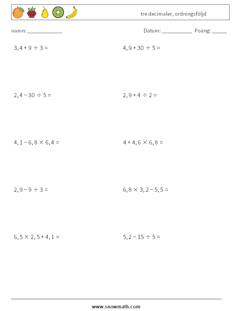 (10) tre decimaler, ordningsföljd Matematiska arbetsblad 10